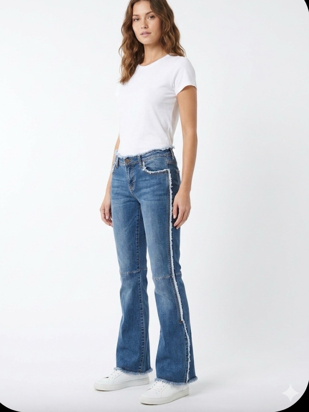 Paris Blues Mid-Blue Frayed Side-Stripe Flare Jeans